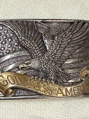 Nocona Patriotic Eagle Belt Buckle - "God Bless America" size 3”x2”